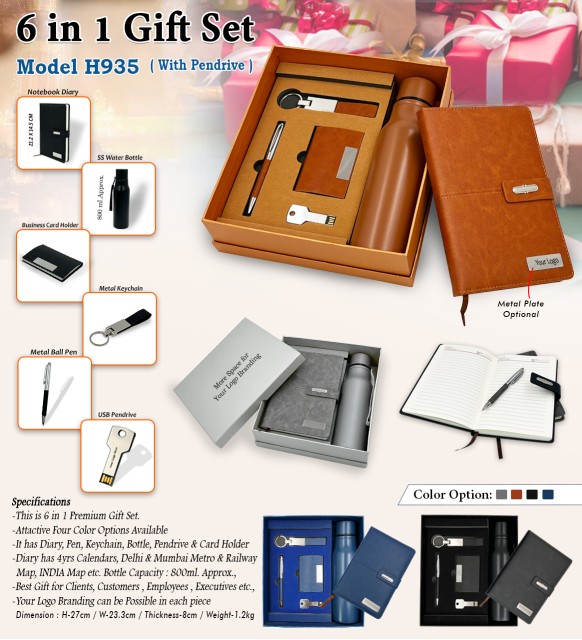 6 in 1 gift set modal h935 dairy, bottle, card holder, metal keychain, metal ball pen, usb pendrive